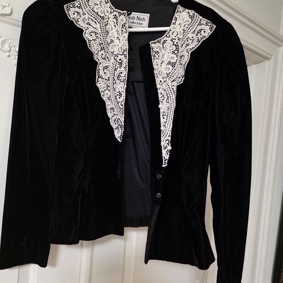 Jackets & Blazers - Women's Black Velvet Jacket with Lace Trim